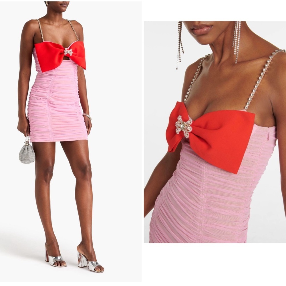 New! Self Portrait Bow Embellished Ruched Pink & Red Mini Dress 🎀 size 10 - Picture 2 of 16